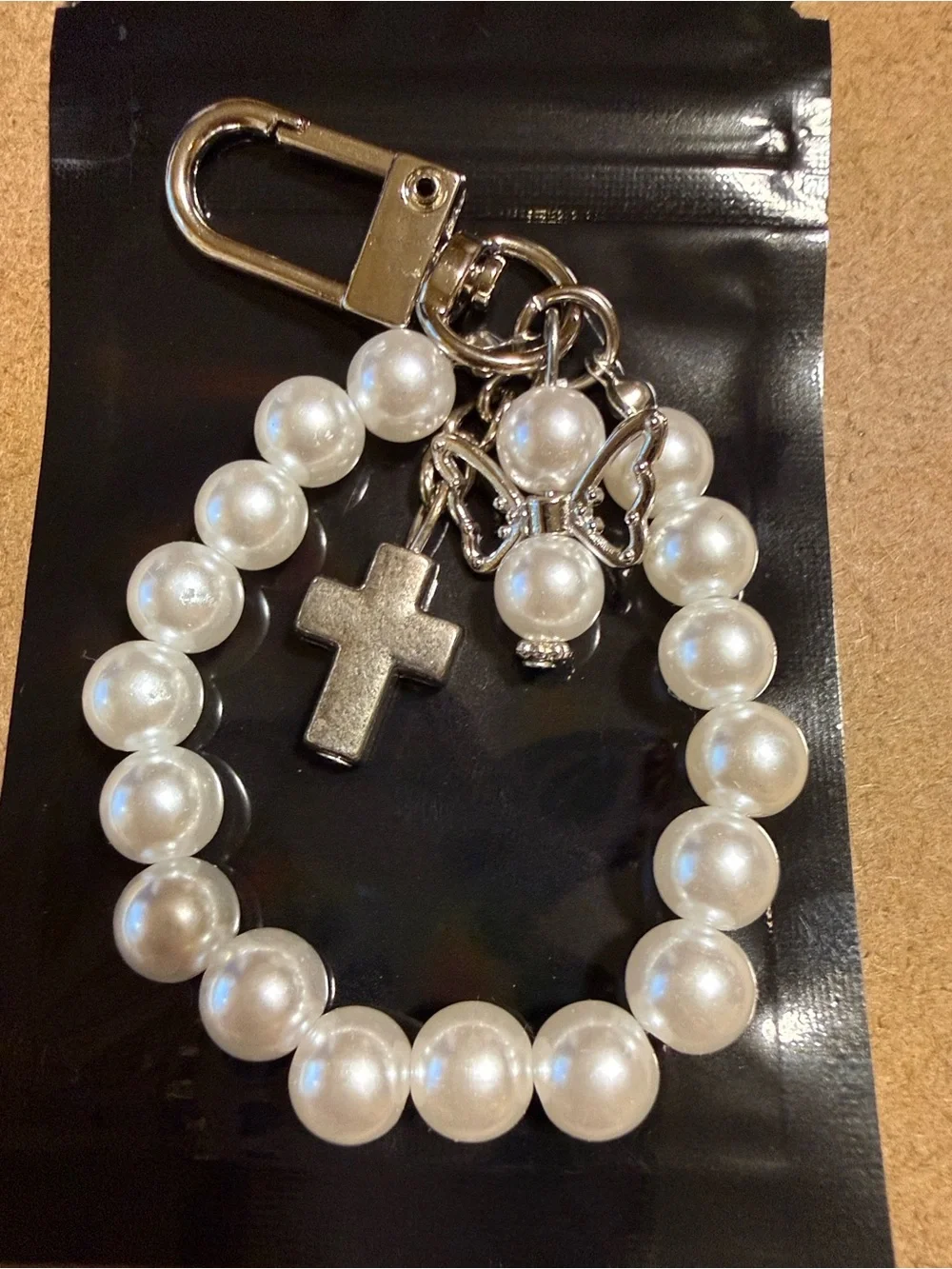 Pearl Bead Keychain with Cross and Angel Charm - White